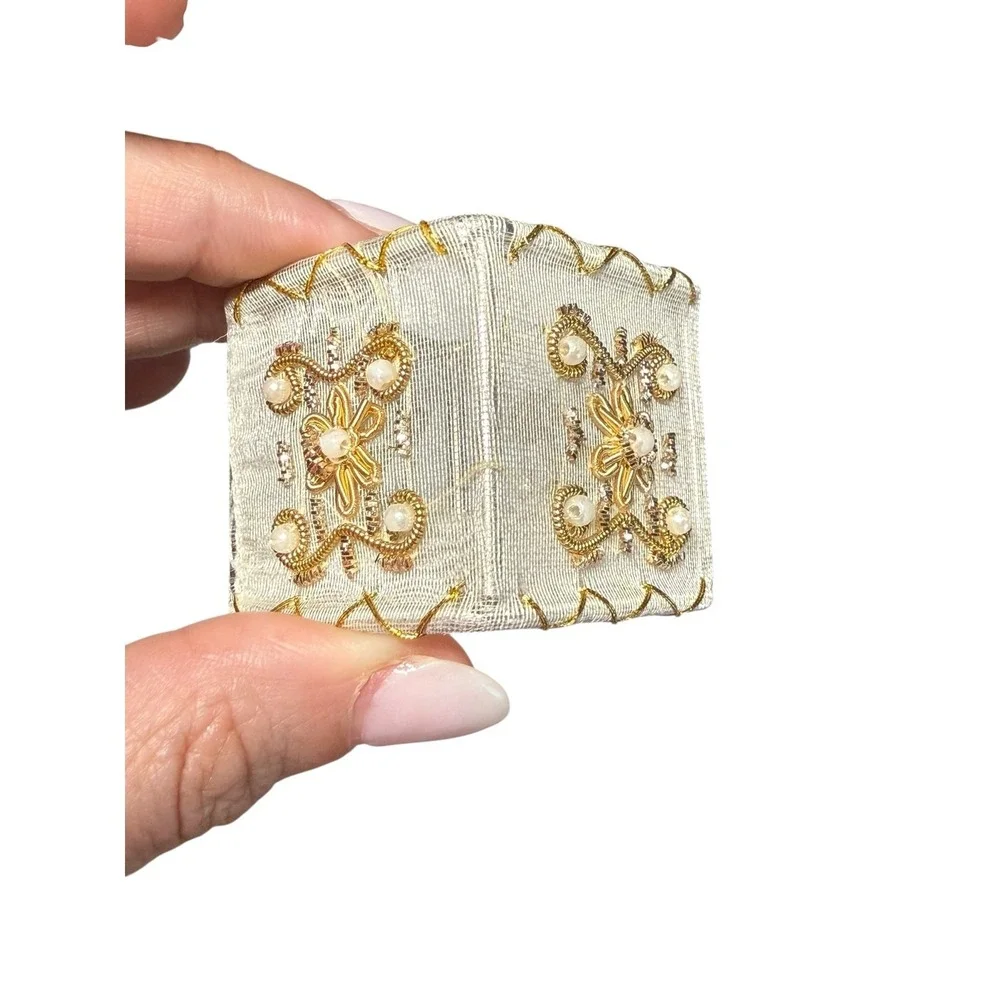 Pier 1 Imports Napkin Rings‎ Set of 4 Beaded Faux Pearl Gold Mesh Square Ornate